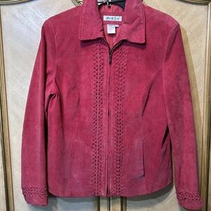 Coldwater Creek Woven Whip Stitch Red Pink Zip Front Suede Leather Jacket